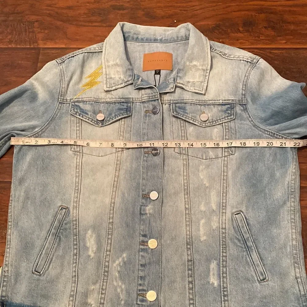 Sanctuary Milkyway Walker Intentional Factory Blue Distressed Denim Boho Jacket